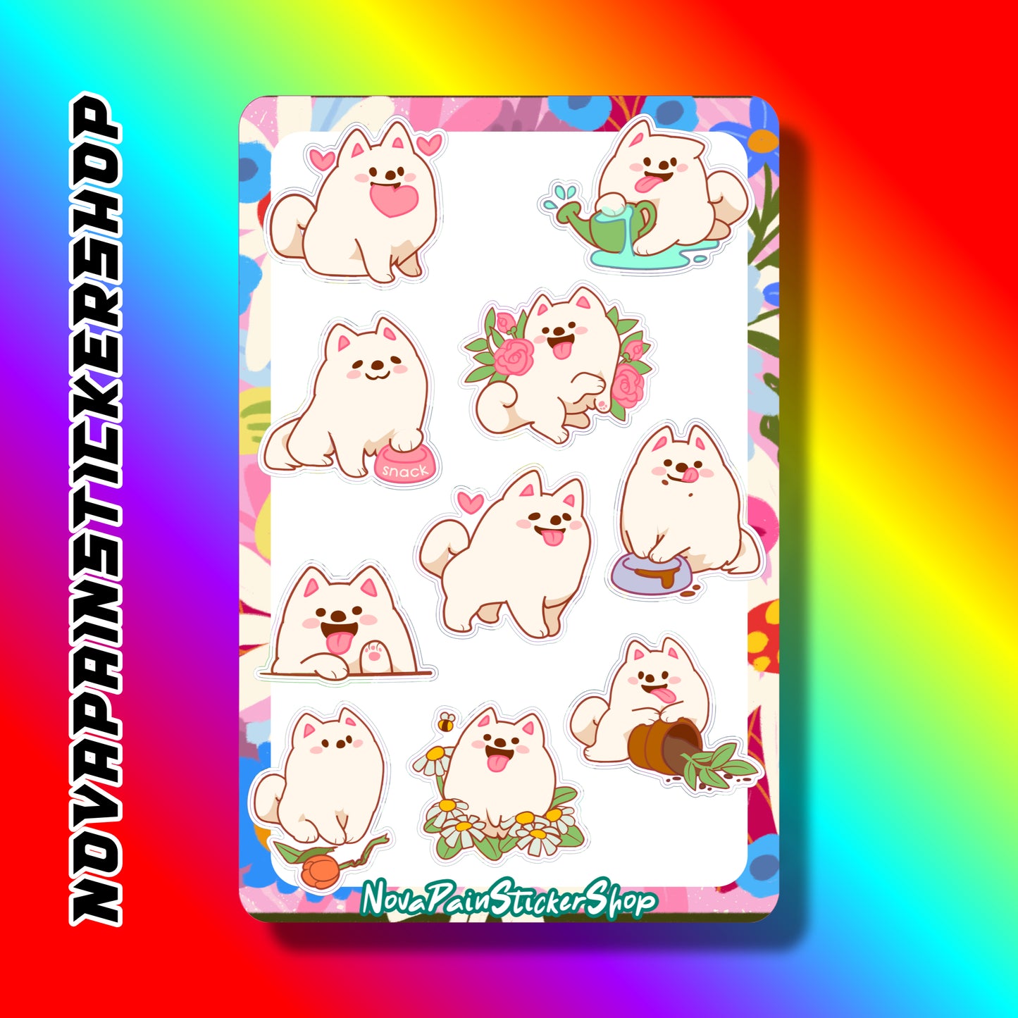 Samoyed Pomeranian Puppy Flower Garden Sticker Sheet
